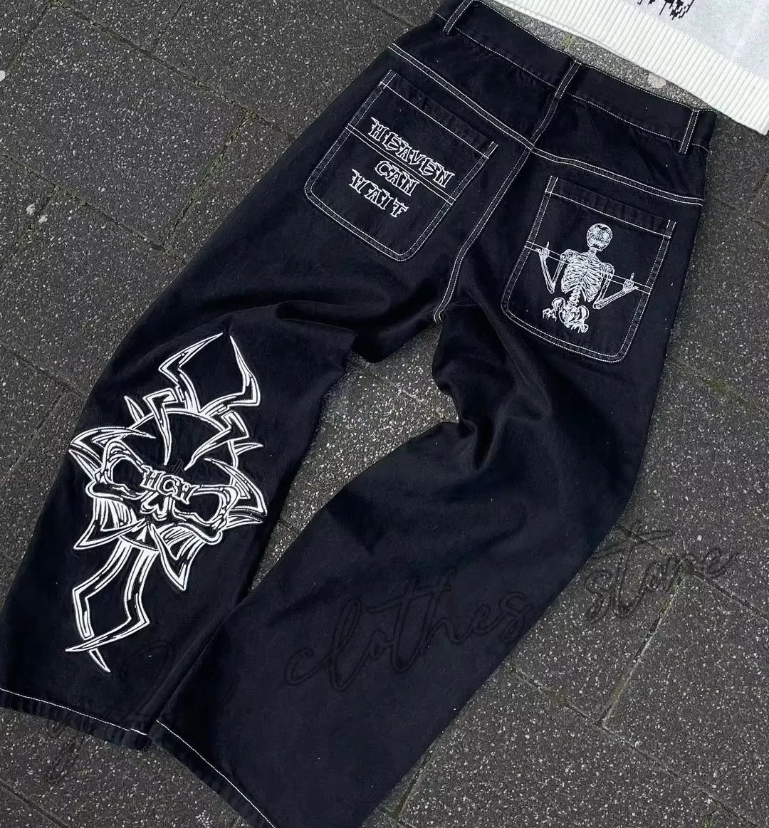 New Baggy Casual Wide Leg Jeans Men Street Retro Hip Hop Print Jeans Trend Fashion Black High-Waist Jean Y2K Men Clothing 2023