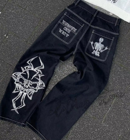 New Baggy Casual Wide Leg Jeans Men Street Retro Hip Hop Print Jeans Trend Fashion Black High-Waist Jean Y2K Men Clothing 2023