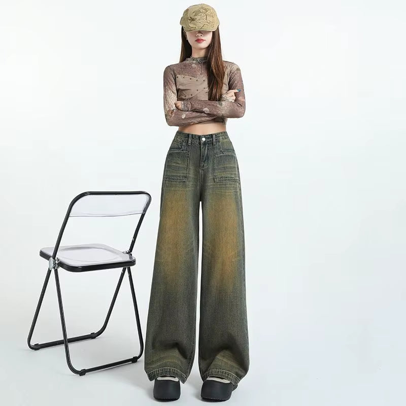 High-Quality New Wide-Leg Denim Pants with American Retro High-Waist Design Loose and Floor-Length Straight Casual Pants