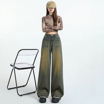 High-Quality New Wide-Leg Denim Pants with American Retro High-Waist Design Loose and Floor-Length Straight Casual Pants