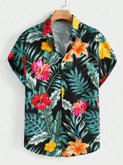 Hawaiian Botanical Flower Print Men'S and Women'S Short Sleeve Lapel Seaside Button-Down Shirt Top Casual Fashionable Shirts