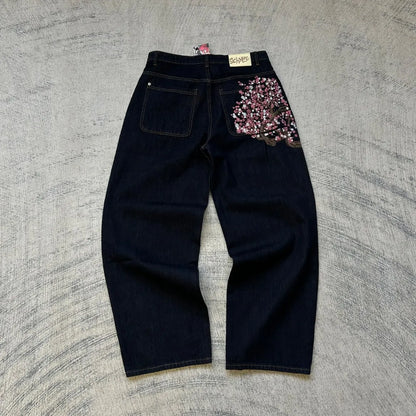 Vintage Low Waist Hip Hop Cherry Blossom Embroidered Jeans Wide Leg Trousers Y2K Clothes Mens Womes Embroidered Baggy Jeans