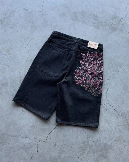 Vintage Low Waist Hip Hop Cherry Blossom Embroidered Jeans Wide Leg Trousers Y2K Clothes Mens Womes Embroidered Baggy Jeans