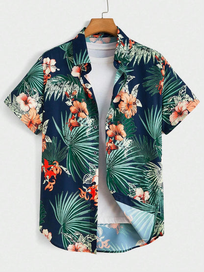 Hawaiian Botanical Flower Print Men'S and Women'S Short Sleeve Lapel Seaside Button-Down Shirt Top Casual Fashionable Shirts