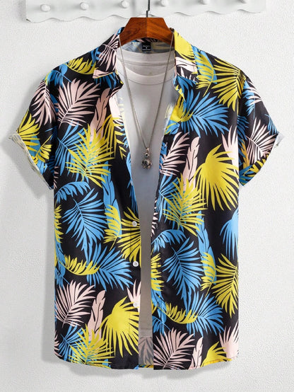 Hawaiian Botanical Flower Print Men'S and Women'S Short Sleeve Lapel Seaside Button-Down Shirt Top Casual Fashionable Shirts