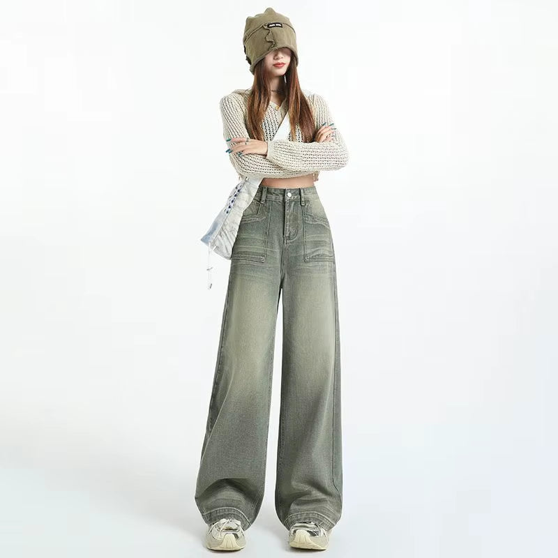 High-Quality New Wide-Leg Denim Pants with American Retro High-Waist Design Loose and Floor-Length Straight Casual Pants