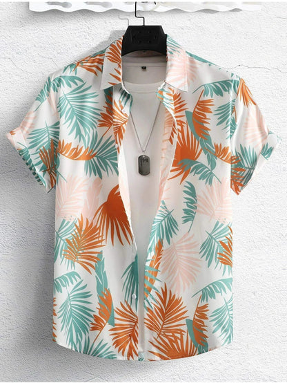Hawaiian Botanical Flower Print Men'S and Women'S Short Sleeve Lapel Seaside Button-Down Shirt Top Casual Fashionable Shirts