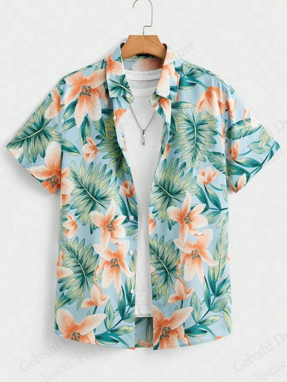 Hawaiian Botanical Flower Print Men'S and Women'S Short Sleeve Lapel Seaside Button-Down Shirt Top Casual Fashionable Shirts