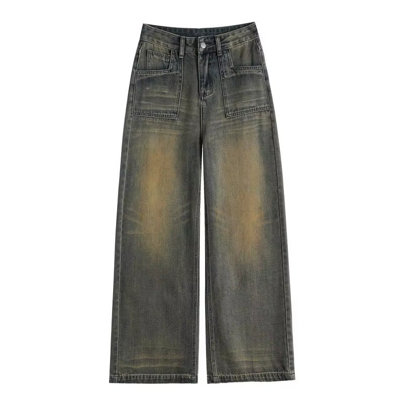 High-Quality New Wide-Leg Denim Pants with American Retro High-Waist Design Loose and Floor-Length Straight Casual Pants