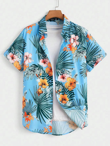 Hawaiian Botanical Flower Print Men'S and Women'S Short Sleeve Lapel Seaside Button-Down Shirt Top Casual Fashionable Shirts