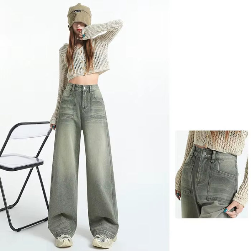 High-Quality New Wide-Leg Denim Pants with American Retro High-Waist Design Loose and Floor-Length Straight Casual Pants
