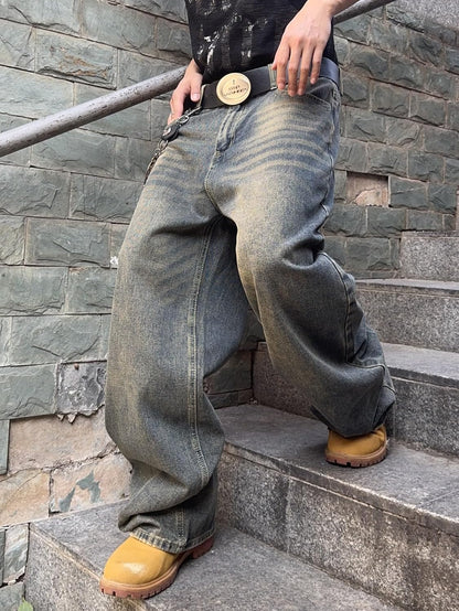 Mens Streetwear Hip Hop Baggy Jeans Wide Leg Skater Denim Pants Loose Long Trousers