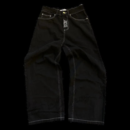 New Baggy Casual Wide Leg Jeans Men Street Retro Hip Hop Print Jeans Trend Fashion Black High-Waist Jean Y2K Men Clothing 2023
