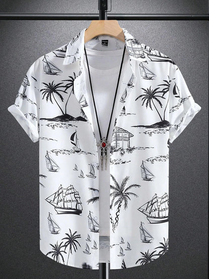 Hawaiian Botanical Flower Print Men'S and Women'S Short Sleeve Lapel Seaside Button-Down Shirt Top Casual Fashionable Shirts