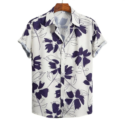 Hawaiian Botanical Flower Print Men'S and Women'S Short Sleeve Lapel Seaside Button-Down Shirt Top Casual Fashionable Shirts