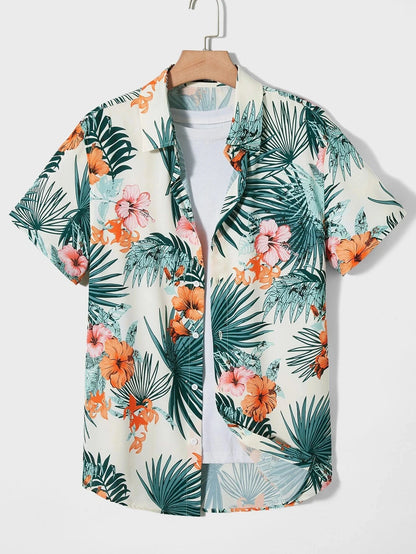 Hawaiian Botanical Flower Print Men'S and Women'S Short Sleeve Lapel Seaside Button-Down Shirt Top Casual Fashionable Shirts