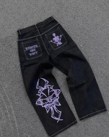 New Baggy Casual Wide Leg Jeans Men Street Retro Hip Hop Print Jeans Trend Fashion Black High-Waist Jean Y2K Men Clothing 2023