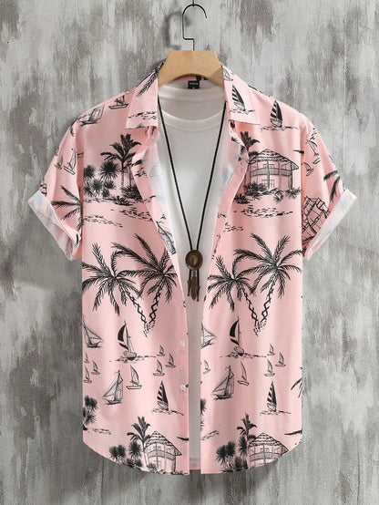 Hawaiian Botanical Flower Print Men'S and Women'S Short Sleeve Lapel Seaside Button-Down Shirt Top Casual Fashionable Shirts
