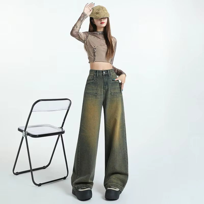 High-Quality New Wide-Leg Denim Pants with American Retro High-Waist Design Loose and Floor-Length Straight Casual Pants