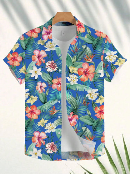 Hawaiian Botanical Flower Print Men'S and Women'S Short Sleeve Lapel Seaside Button-Down Shirt Top Casual Fashionable Shirts