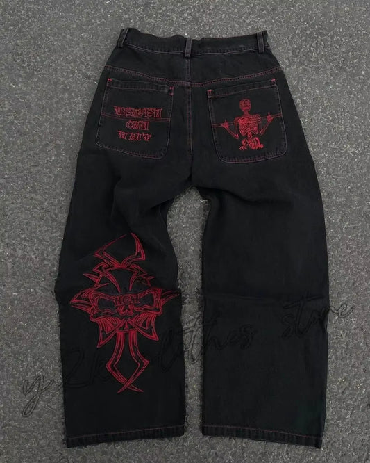New Baggy Casual Wide Leg Jeans Men Street Retro Hip Hop Print Jeans Trend Fashion Black High-Waist Jean Y2K Men Clothing 2023