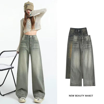 High-Quality New Wide-Leg Denim Pants with American Retro High-Waist Design Loose and Floor-Length Straight Casual Pants