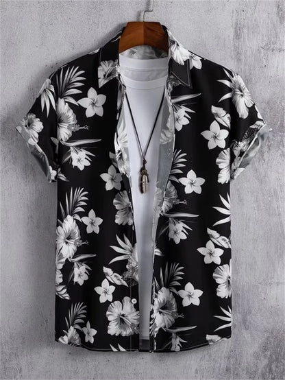 Hawaiian Botanical Flower Print Men'S and Women'S Short Sleeve Lapel Seaside Button-Down Shirt Top Casual Fashionable Shirts