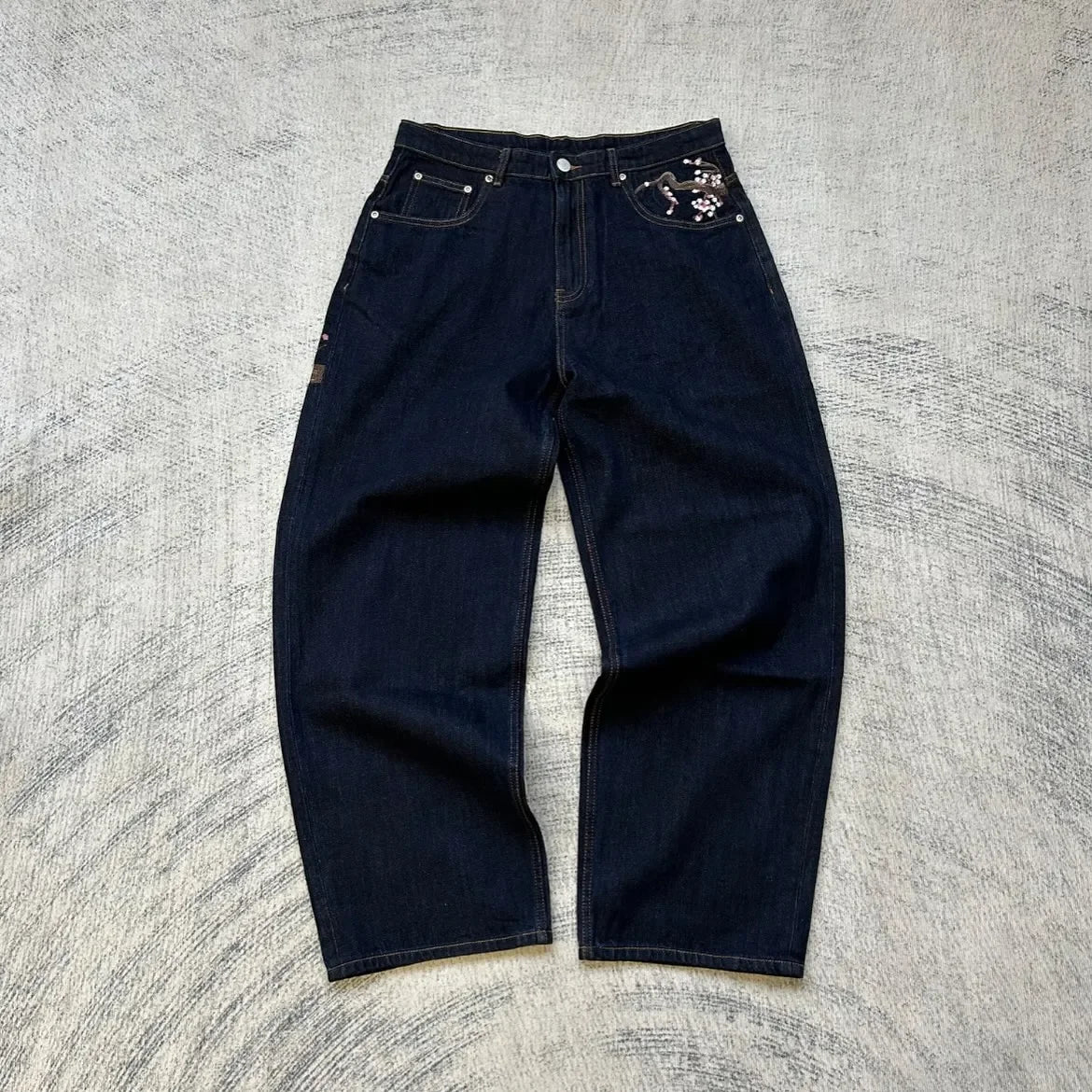 Vintage Low Waist Hip Hop Cherry Blossom Embroidered Jeans Wide Leg Trousers Y2K Clothes Mens Womes Embroidered Baggy Jeans